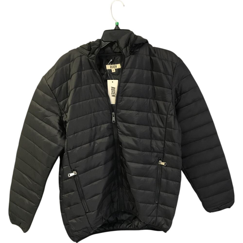 Ruxen Full Zip Puffer Jacket Mens Size XL Black Long Sleeve Hooded Pockets NWT